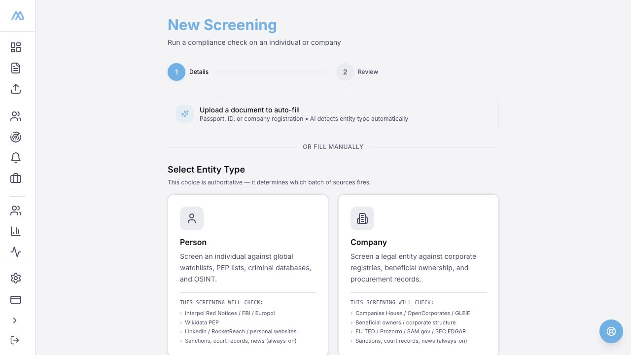 AdverseMe screening screen with person, company and document upload options